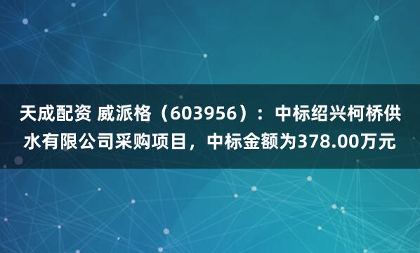 天成配资 威派格（603956）：中标绍兴柯桥供水有限公司采购项目，中标金额为378.00万元